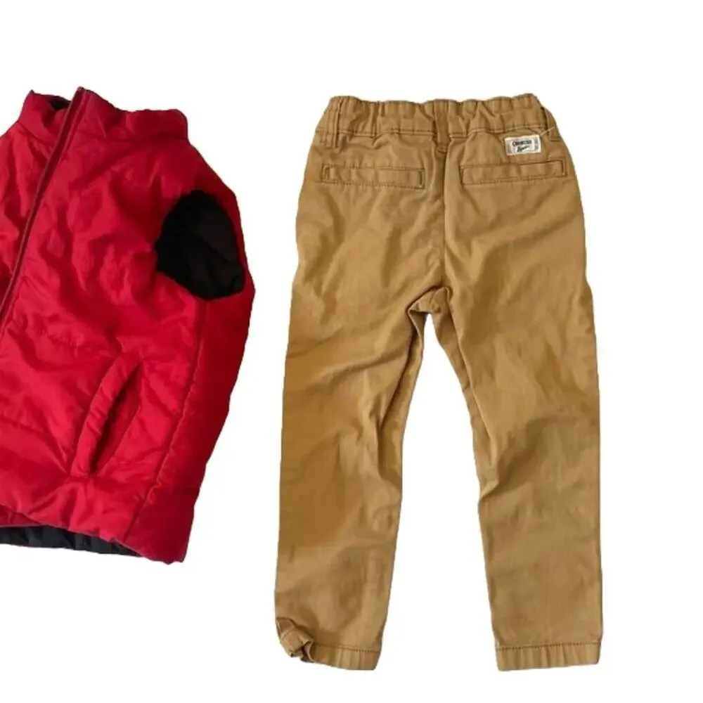 Outfit Bundle 3 Basics 2T/3T, Puffer Vest, Osh Kosh Khaki Pants, Camo Shorts